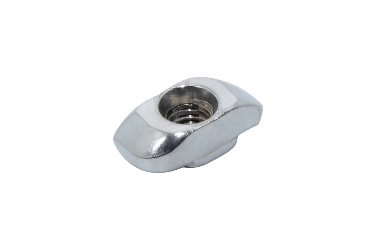 Edelstahl-Hammermutter, speziell entwickelt zur Befestigung in Nuten von Aluminiumprofilen (Nut 6/8/10)	 Hammermutter aus Edelstahl für Nutenprofile (Nut 6/8/10, Item/Bosch), Unteransicht